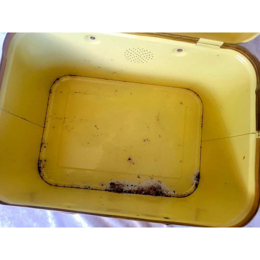 Vintage 50s Metal Picnic Basket Faux Wood Grain Tin Litho Wood Handles Yellow